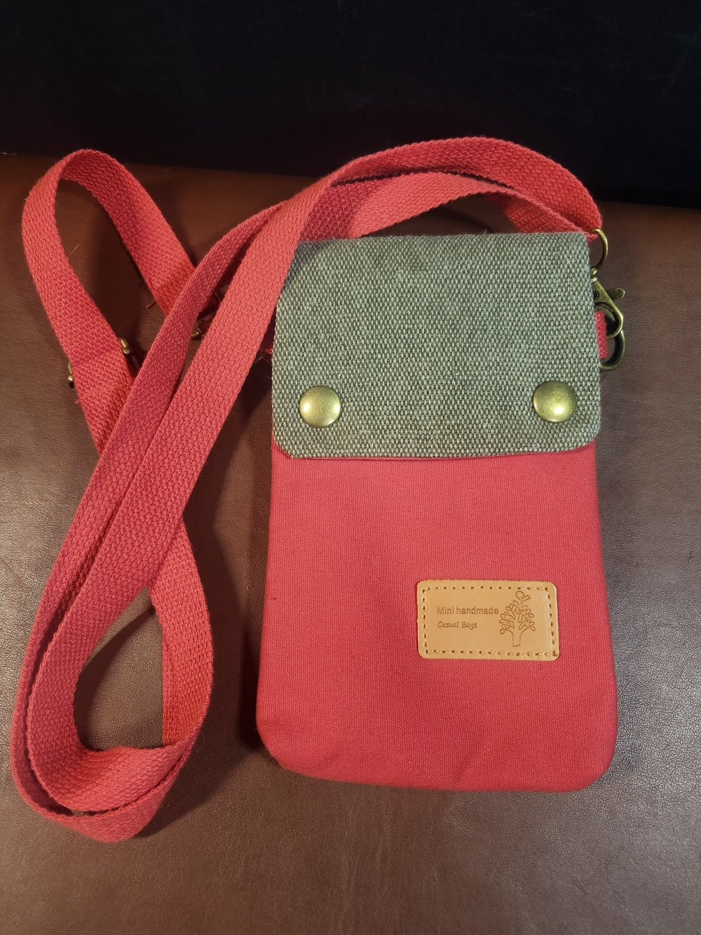 Red Canvas Crossbody Phone Bag with Green Flap